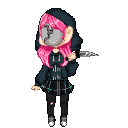 A pixel art girl with pink hair wearing a cracked mask and black hoodie holds a small knife.