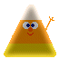 Candy corn character with a smiling face and eyes looking up while waving its arm.