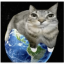 A gray tabby cat sitting on top of the planet Earth against a black space background.
