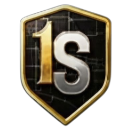 Shield emblem with gold and silver metallic texture displaying the characters 1S.