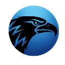 An eagle head in profile with a sharp, intense expression centered on a blue circular background.
