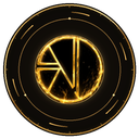 Glowing gold emblem with geometric patterns set against a dark circular background.