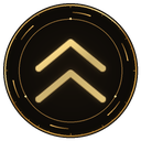 A gold double-chevron symbol centered inside a dark circular frame.