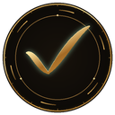 Checkmark symbol in gold inside a dark circular frame with technical markings.
