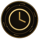 A golden clock icon with a circular frame and two hands on a black background.