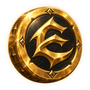 A shiny gold coin with a dark center and a stylized letter E embossed in the middle.