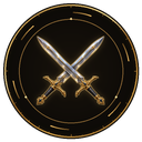 A glowing golden X symbol centered inside a dark, circular metallic frame.
