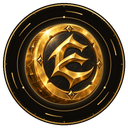 Gold coin with a metallic letter E embossed in the center against a dark background.