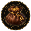 A leather bag overflowing with gold coins inside an ornate circular frame.