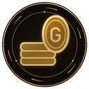 A stack of gold coins with a G letter symbol centered on a dark circular background.
