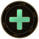 Plus sign glowing in green centered inside a circular dark metallic frame.