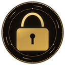 A golden padlock icon centered on a dark circular background with subtle light accents.