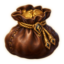 A brown leather pouch overflowing with shiny gold coins.