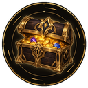 Treasure chest filled with glowing gold coins and purple and blue gemstones.