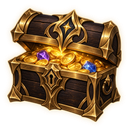 A wooden treasure chest with gold trim overflowing with gold coins and purple and blue gemstones.