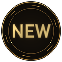 A circular black badge with a gold border and the word NEW written in gold text.