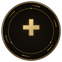 A golden plus sign centered inside a dark circular frame with subtle technical markings.