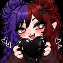 Anime girl with split purple and red hair holding a black heart with a mischievous smile.