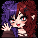 A cute anime vampire girl with split purple and red hair waving her hand with a mischievous grin and visible fangs.