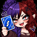 Anime girl with split purple and red hair holding a blue reverse playing card with a smug expression.