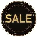 A circular badge with a black background and gold border containing the word SALE in gold letters.