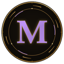 A golden letter M centered inside a circular metallic frame against a black background.