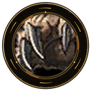 Sharp animal claws reaching forward inside a metallic circular frame.