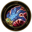 A stylized fist glowing with blue and red magical energy inside a circular frame.