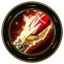 A glowing red crystal shard surrounded by flames inside a circular gold border.
