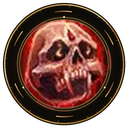 A fanged skull with a glowing red background enclosed in a gold-trimmed circular frame.