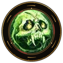A glowing green skull with sharp fangs centered in a circular dark frame.
