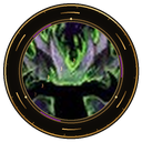 Swirling green and purple magical flames contained within a circular gold-rimmed frame.