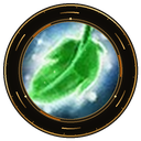 A glowing green leaf floating inside a dark circular frame with a magical aura.