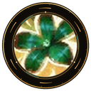 A green five-petaled flower centered inside a dark circular frame with gold accents.