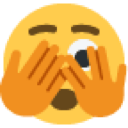 Yellow face with hands covering its eyes while peeking through a gap between fingers.