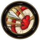 Target with multiple arrows embedded in the red center bullseye.