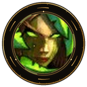 A hooded figure with intense glowing green eyes stares out from a dark, circular frame.