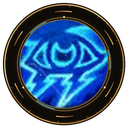 A glowing blue eye symbol with lightning-like energy effects inside a circular dark frame.