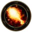 Fireball erupting in a bright orange and yellow glow inside a dark circular border.