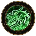 A glowing green dragon head illustration centered inside a dark circular frame.