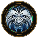 A stylized metallic blue lion head centered inside a dark circular frame.