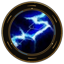 A bright blue lightning bolt crackles inside a dark circular frame with a gold border.