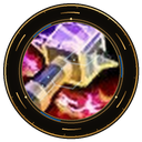A golden hammer glowing with intense purple and red magical energy inside a circular frame.