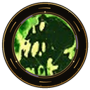 A dark silhouette of a figure surrounded by glowing green mist inside a circular frame.