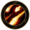 Fire and magical energy streaks contained within a dark circular frame.