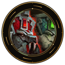 Stone creature with glowing red eyes and stone textures framed in a circular border.