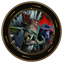 A monstrous creature with large tusks and glowing eyes stares forward within a circular border.