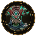Masked warrior with glowing teal eyes and ornate armor framed in a circular border.