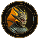 A fantasy character with sharp features, glowing eyes, and golden armor plating, set within a circular frame.