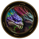 A two-headed purple serpent creature with sharp fangs and glowing eyes inside a gold circular border.